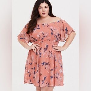 Torrid Mini Chiffon Off-Shoulder Skater Dress 1X Peach Blue Floral Elastic Waist
